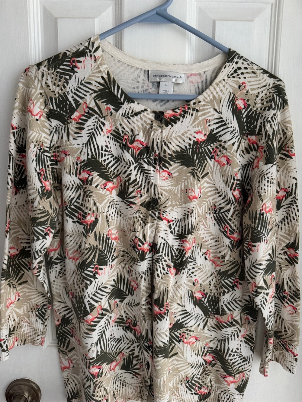 Christopher & Banks Cream Palm-Print Button Front Top with Pink Flamingos